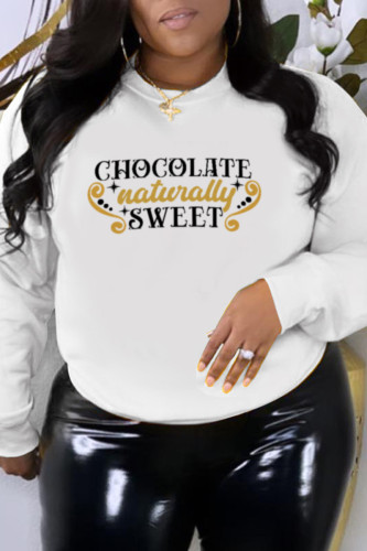 White Casual Street Print Letter O Neck Tops
