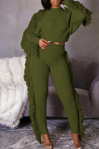 Army Green Casual Street Solid Tassel Patchwork O Neck Long Sleeve Two Pieces