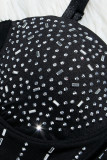 Черное модное сексуальное горячее сверление в стиле пэчворк с открытой спиной и квадратным воротником на слинге