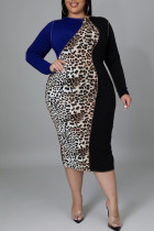Blå Casual Print Leopard Patchwork O Neck One Step Kjol Plus Size Klänningar