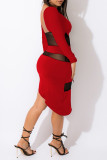Red Fashion Sexy Patchwork durchsichtige rückenfreie Langarm-Kleider mit V-Ausschnitt