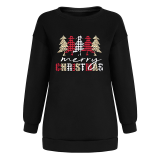 Black Casual Christmas Tree Printed Patchwork O Neck Tops