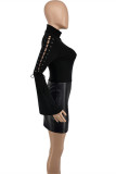 黒のファッションカジュアル固体包帯パッチワークタートルネック長袖ドレス