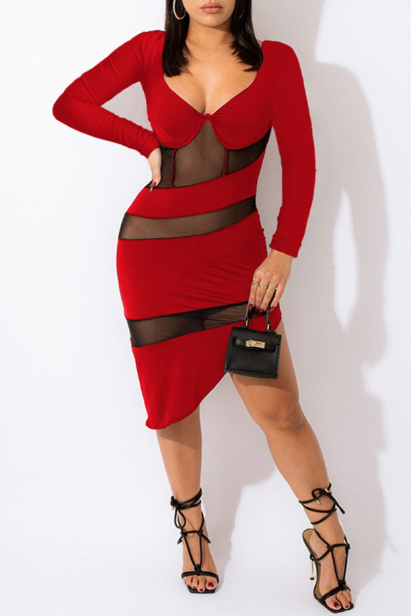 Red Fashion Sexy Patchwork durchsichtige rückenfreie Langarm-Kleider mit V-Ausschnitt