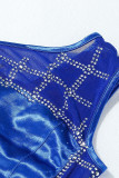 Vestido de noche de un hombro sin espalda transparente con perforación en caliente de patchwork sexy azul