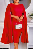 Красные повседневные элегантные однотонные лоскутные асимметричные платья с круглым вырезом и юбкой в ​​один шаг