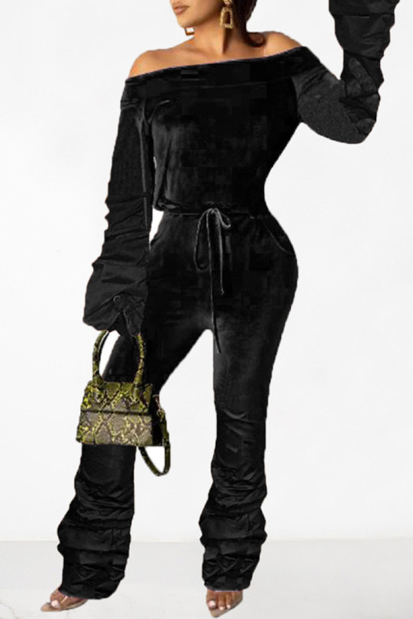 Macacão preto moda casual sólido dobrável fora do ombro