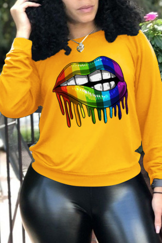 Yellow Fashion Daily Lips Printed Patchwork O Neck Tops