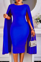 ブルー カジュアル エレガント ソリッド パッチワーク フォールド 非対称 Oネック ワンステップ スカート ドレス