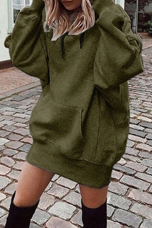 アーミーグリーンファッションカジュアルソリッドパッチワークフード付き襟長袖ドレス