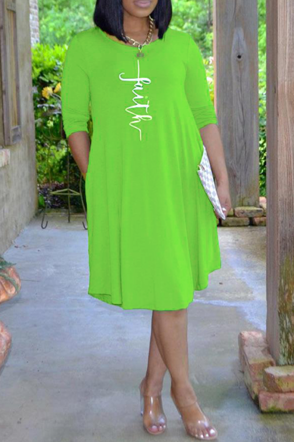 グリーン カジュアル プリント パッチワーク O ネック ケーキ スカート ドレス