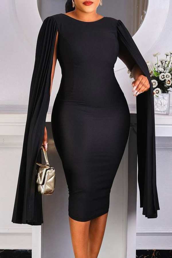 Черные повседневные элегантные однотонные лоскутные асимметричные платья с круглым вырезом и юбкой в ​​один шаг