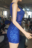 Blauwe mode sexy patchwork pailletten doorschijnende rugloze mouwloze jurk met één schouder