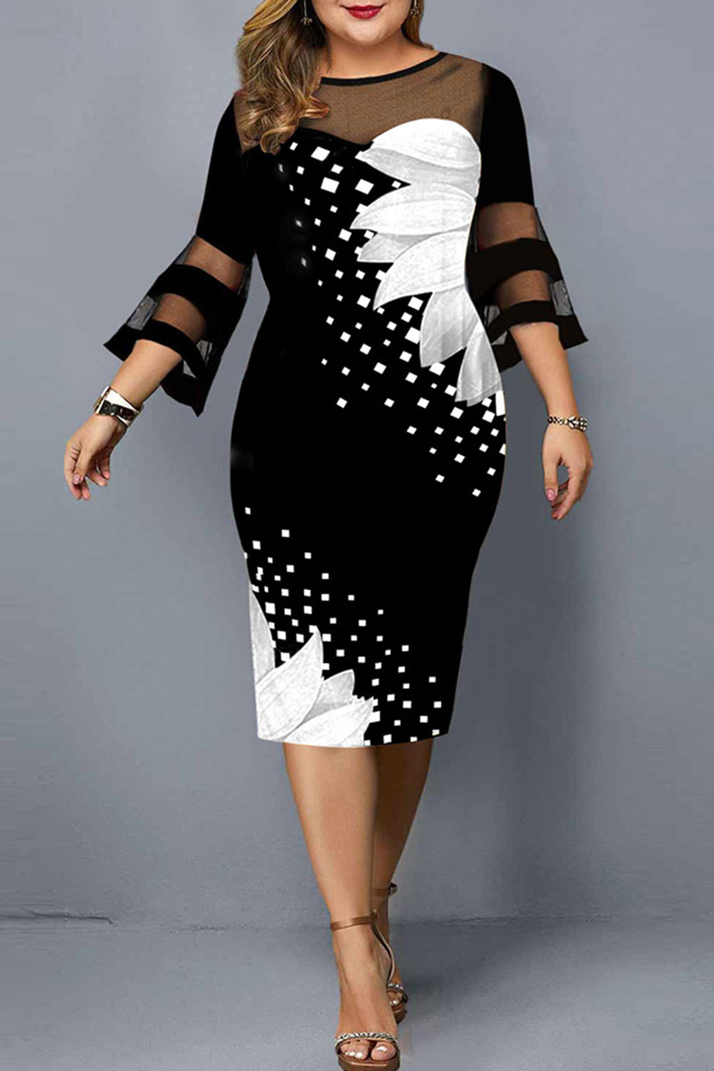 

Black White Elegant Print Split Joint O Neck One Step Skirt Plus Size Dresses