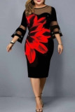 Fucsia elegante estampado patchwork cuello redondo falda de un solo paso vestidos de talla grande