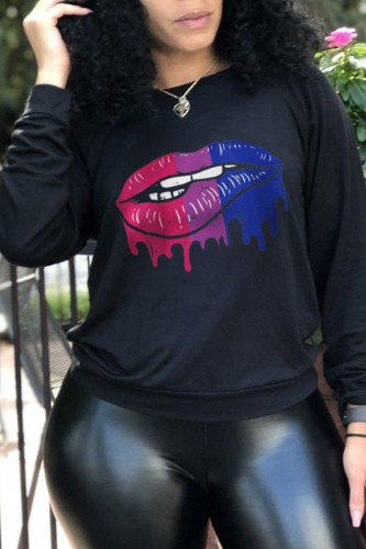 Black Fashion Daily Lips Printed Patchwork O Neck Tops