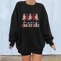 Black Casual Christmas Tree Printed Patchwork O Neck Tops
