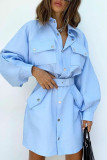 Blue Casual Solid Patchwork Pocket Buckle Turndown Collar Shirt Dress Dresses