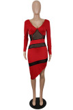 Röd Mode Sexig Patchwork Genomskinlig rygglös V-hals långärmade klänningar