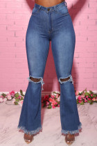 Blue Street Solid Ripped Split Joint High Waist Denim Jeans