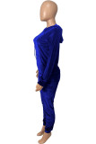 ブルーファッションカジュアルソリッドベーシックフード付きカラー長袖ツーピース