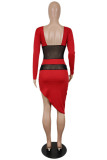 Röd Mode Sexig Patchwork Genomskinlig rygglös V-hals långärmade klänningar