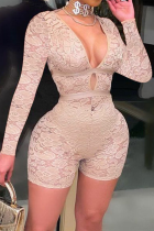 Apricot Sexy Solid Lace Hollowed Out Fold V Neck Regular Jumpsuits