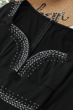 Vestidos de manga larga con cuello en V asimétrico de perforación en caliente de patchwork sexy de moda negro