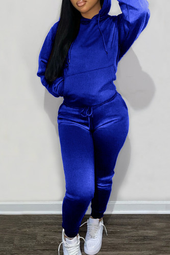 Blue Fashion Casual Solid Basic Hooded Collar Long Sleeve Two Pieces