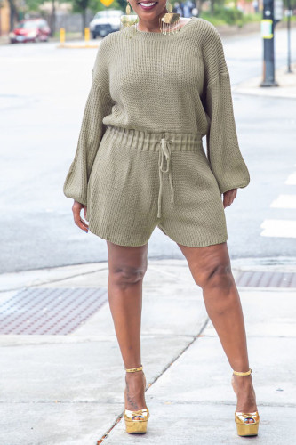 Khaki Casual Solid Patchwork O Neck Straight Rompers