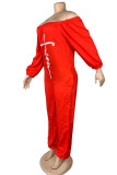 Red Fashion Casual Print Basic Off-shoulder Regular Jumpsuits