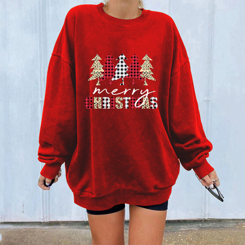 Red Casual Christmas Tree Printed Patchwork O Neck Tops