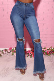 Blue Street Solid Ripped Patchwork High Waist Denim Jeans
