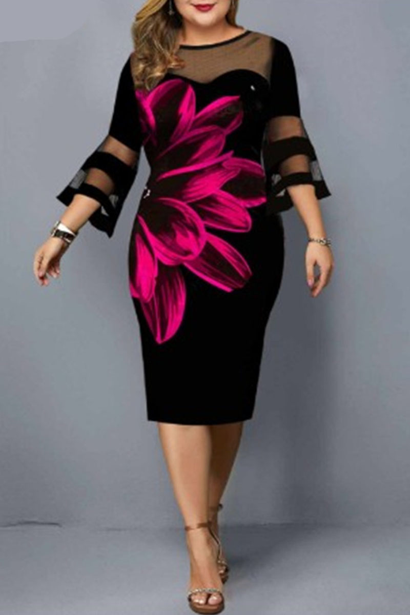 

Fuchsia Elegant Print Split Joint O Neck One Step Skirt Plus Size Dresses