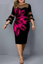 Fuchsia elegante print patchwork O-hals eenstaps rok Grote maten jurken