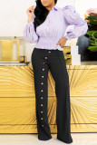 Black Casual Solid Patchwork Buttons Straight High Waist Straight Solid Color Bottoms