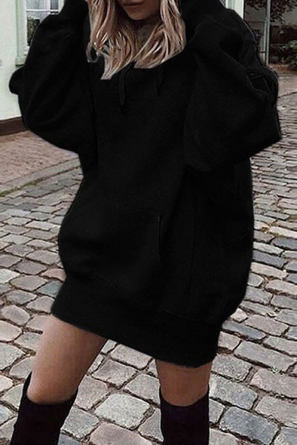 Vestidos de manga comprida com capuz preto moda casual patchwork sólido com capuz