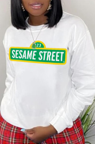 White Fashion Street Print Letter O Neck Tops