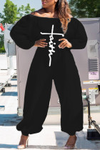 ブラックファッションカジュアルプリントベーシックオフショルダーレギュラージャンプスーツ