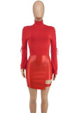 Röd Mode Casual Solid Bandage Patchwork Turtleneck långärmade klänningar