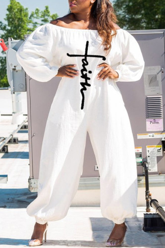 White Fashion Casual Print Basic Off the Shoulder Regular Jumpsuits