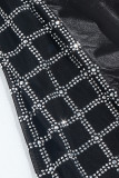 Schwarzes sexy Patchwork Hot Drilling durchsichtiges rückenfreies One-Shoulder-Abendkleid