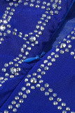 Bleu Sexy Patchwork Hot Drilling Transparent Dos Nu Une Robe de Soirée Epaule
