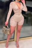 Apricot Sexy Solid Lace Hollowed Out Fold V Neck Regular Rompers
