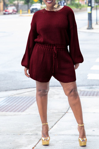 Purplish Red Casual Solid Patchwork O Neck Straight Rompers