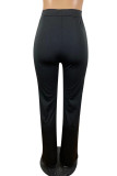 Zwarte casual effen patchwork knopen, rechte hoge taille, rechte effen kleur broek