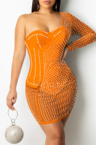 Orange Sexy Patchwork Hot Drilling See-through Backless Long Sleeve Dresses