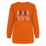 Tangerine Red Casual Christmas Tree Printed Patchwork O Neck Tops