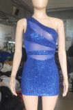 Blaue Mode Sexy Patchwork Pailletten Durchsichtiges rückenfreies ärmelloses Kleid mit einer Schulter