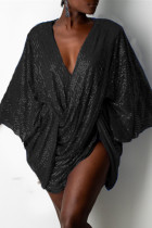 Zwarte mode sexy patchwork pailletten V-hals jurken met lange mouwen